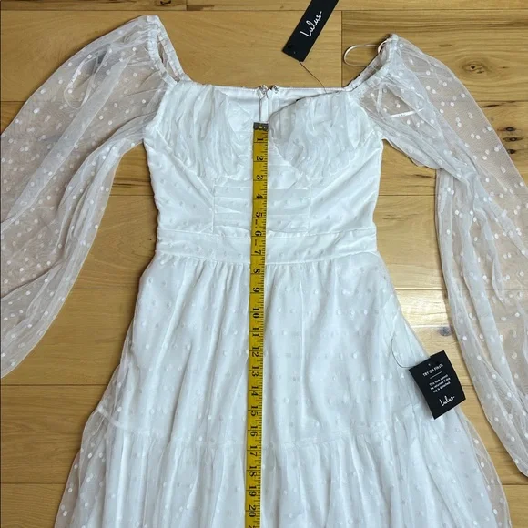 NWT Lulus White Long Sleeve Tiered Dress with Sheer Polka Dot Sleeves | Size XS - Picture 7 of 11